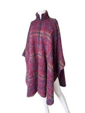 Vintage 70s Purple Plaid Cape Poncho Turtleneck Pullover Soft Warm